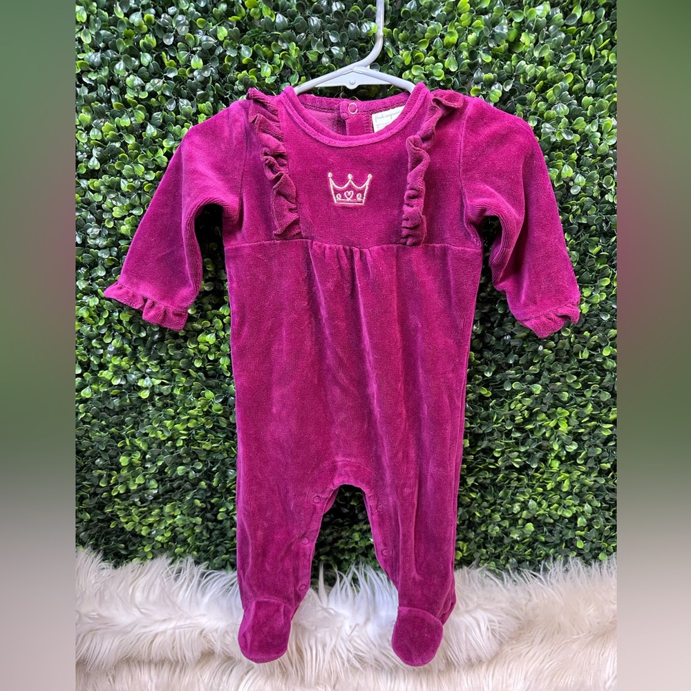 First Impressions Purple Velvet Footies with Crown embroidered euc